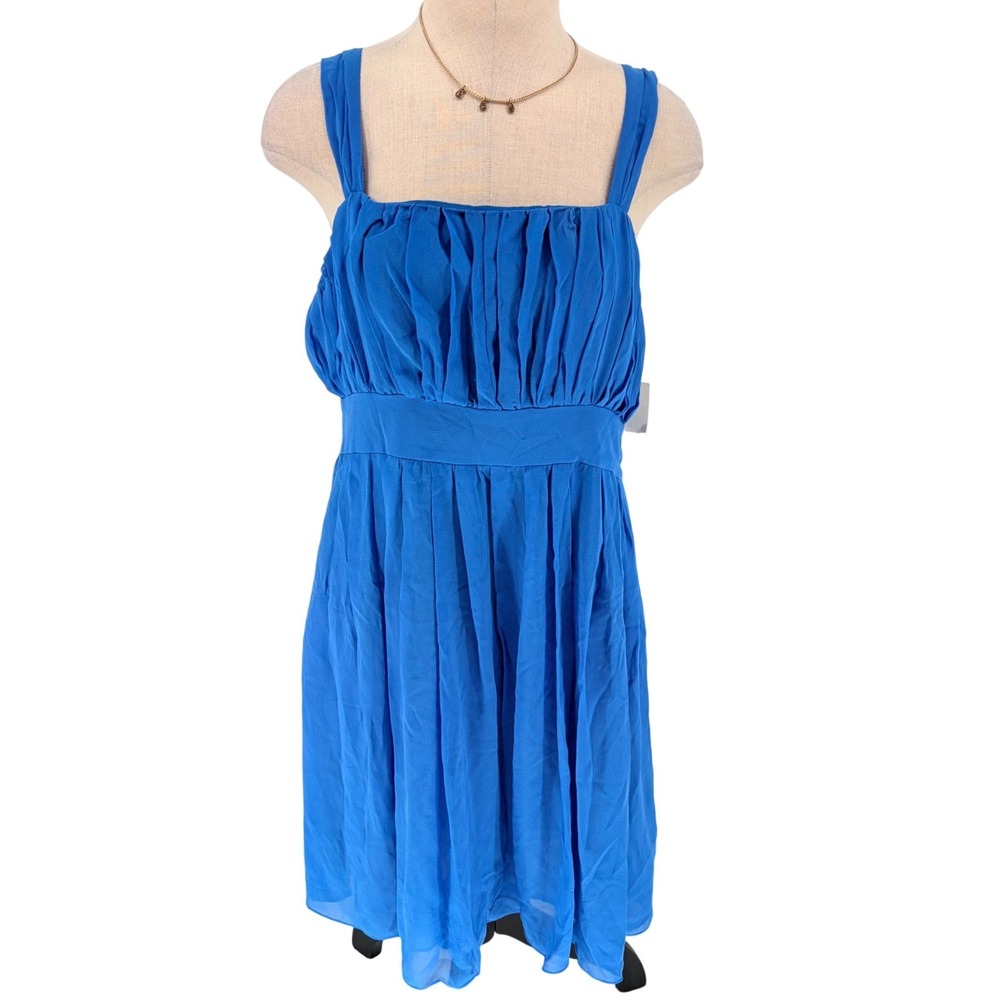 Flounce Silk Dress M True Blue Pleated Smocked Back Square Neck Sleeveless